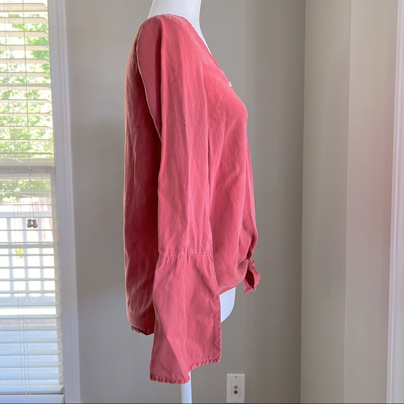 Button Down Coral Blouse with waist Tie and Bell/flare Sleeves - Picture 4 of 11